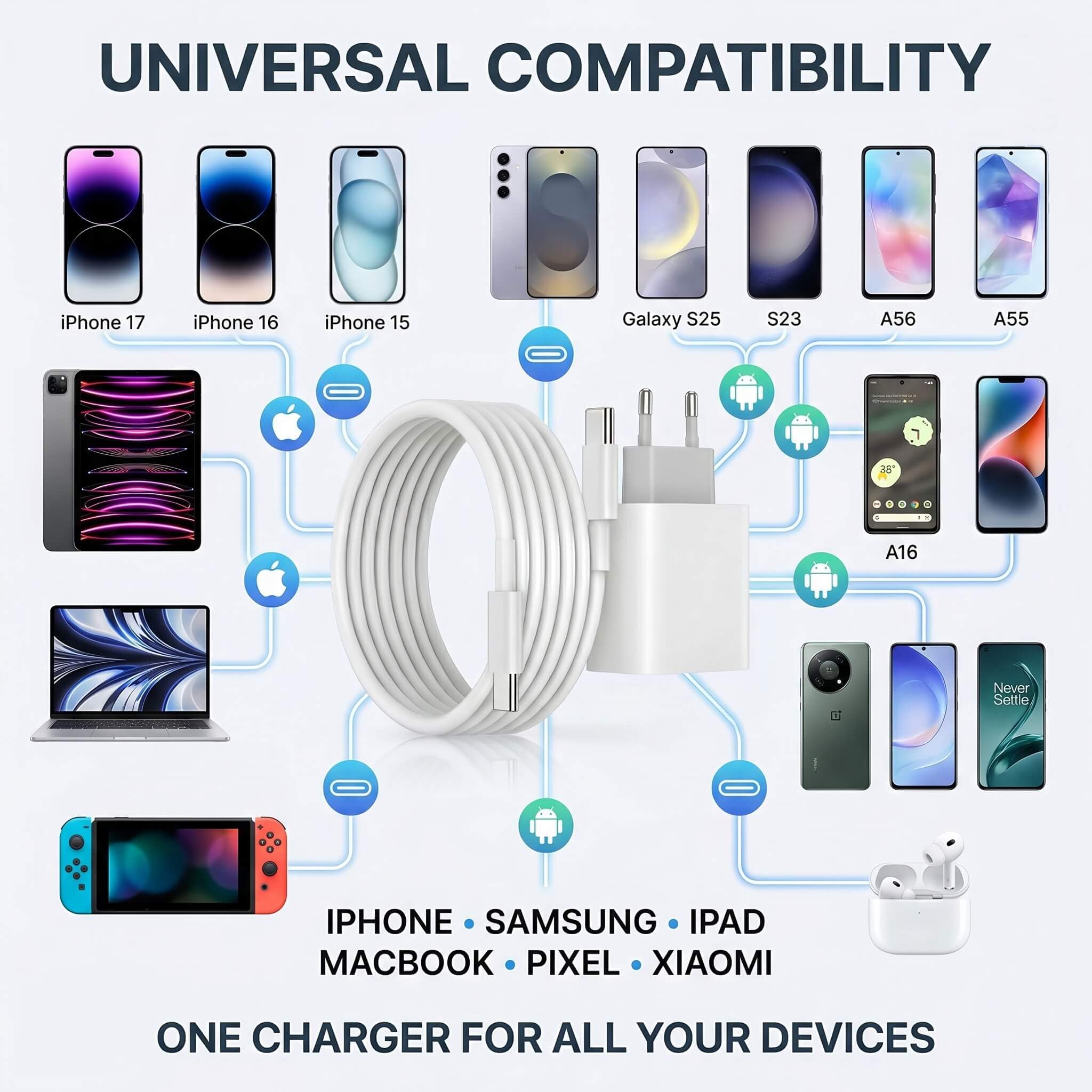 Caricabatterie USB-C da 25 W con cavo 1 m, confezione da 10, ricarica rapida PD/PPS, bianco compatto, compatibile con iPhone (17/16/15), Samsung Galaxy (S25/S24/S23/S22), Google Pixel, Huawei