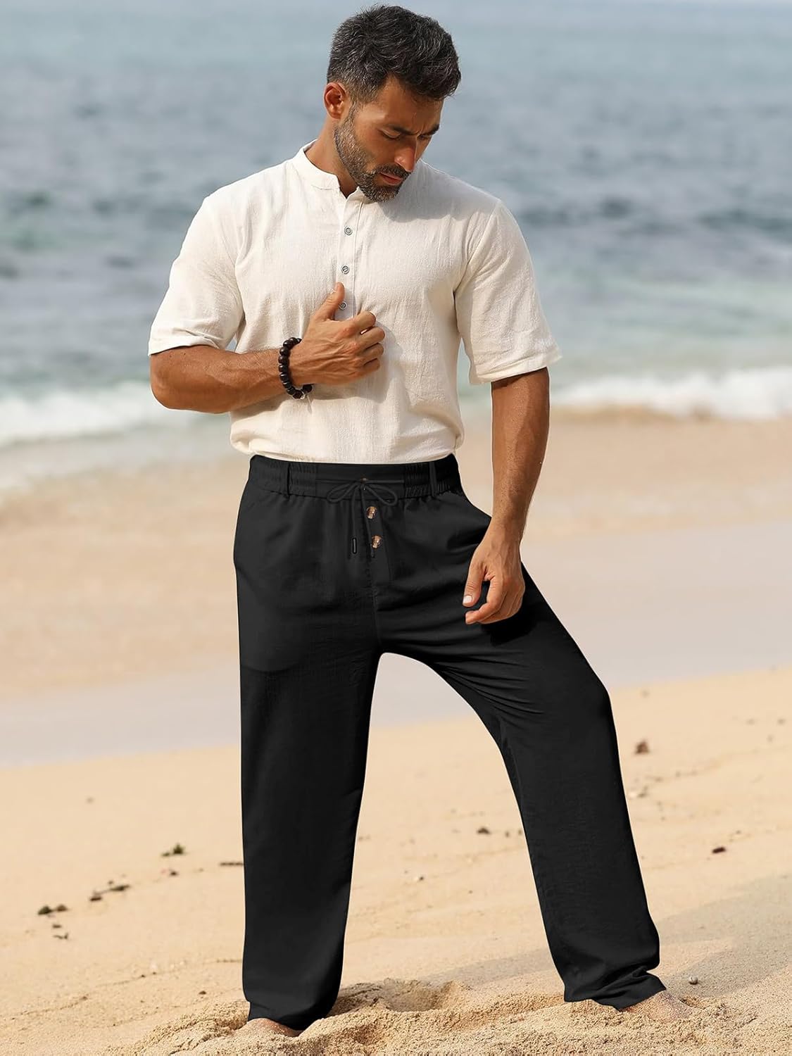 Men's Linen Pants Lightweight Drawstring Elastic Waist Pockets Loose Fit Straight Legs Summer Beach Yoga - Image 3