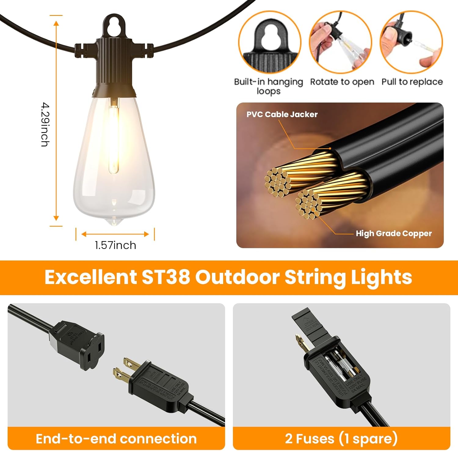 ZOTOYI Outdoor String Lights，50FT Patio Lights with 27 Vintage Edison Bulbs (2 Spare)，ST38 Waterproof Outside Hanging Light for Backyard, Bistro, Cafe, Gazebo, Porch Decor, Dimmable 2700K