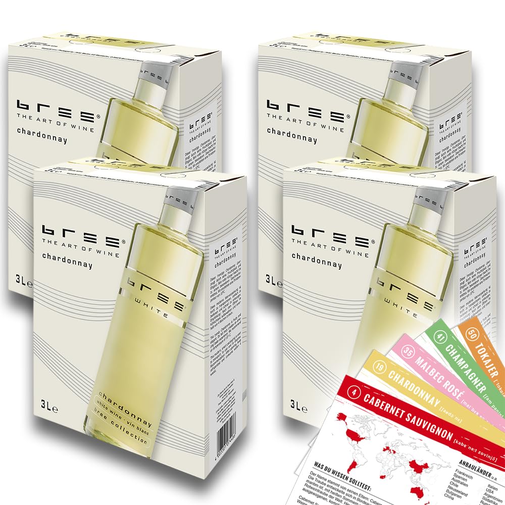 Bree Chardonnay IGP, halbtrocken, Bag-in-Box, sortenreines Weinpaket + VINOX Winecards (4x3,0l)