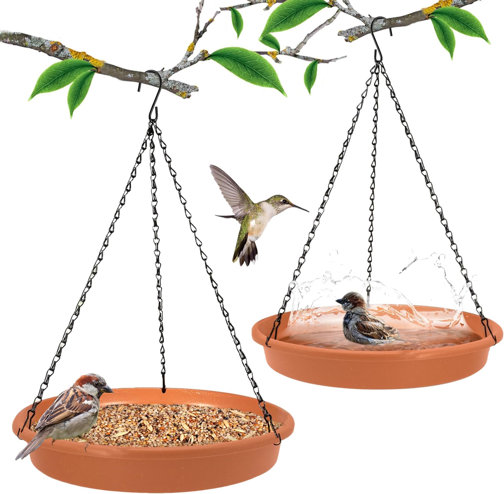 BIRDSHALA Hanging Bird Feeder for Water & Seed Bird Bath Trey for Hanging on Your Balcony, Trees, Garden (Brown Set of 2)