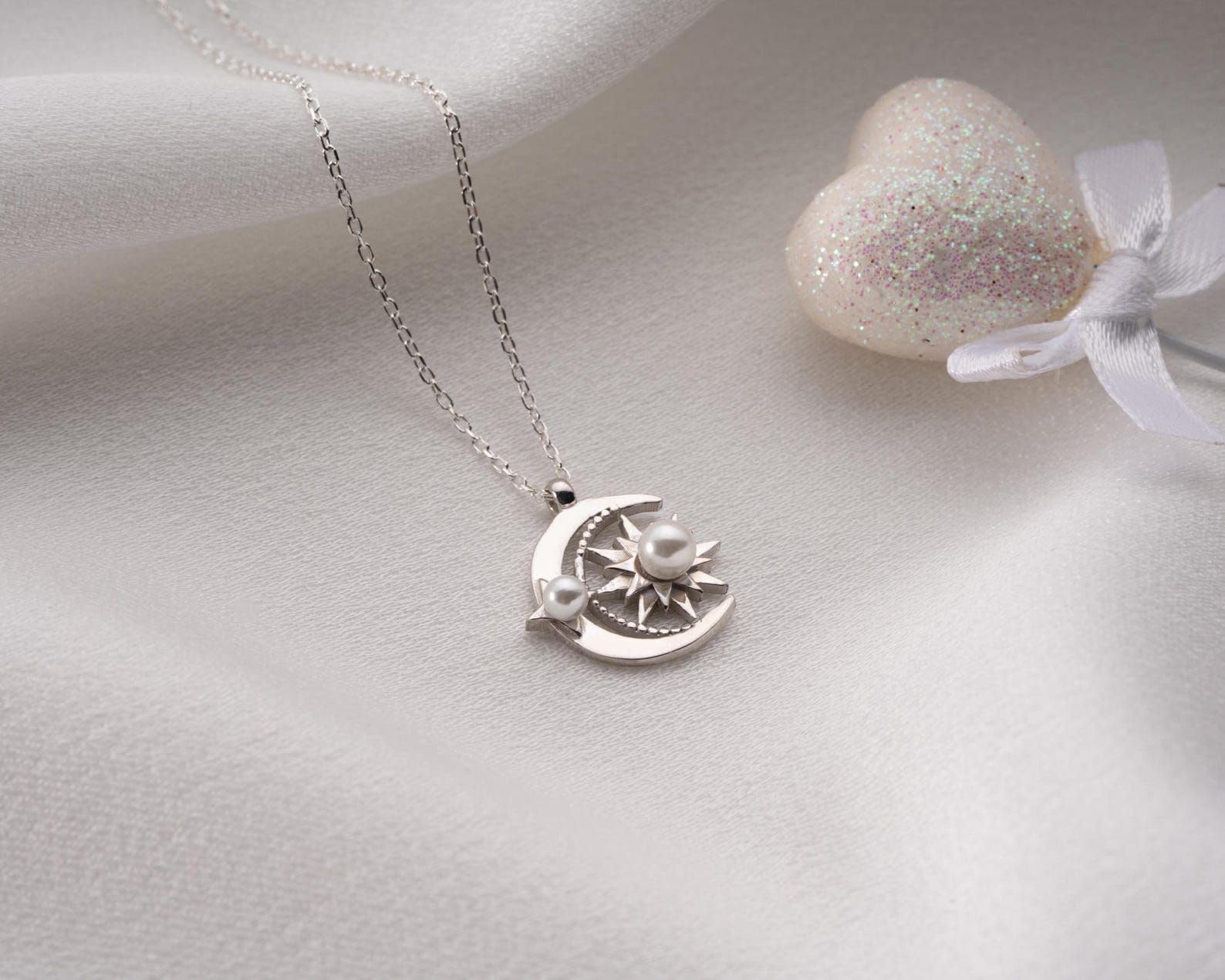 Sole luna collana argento sterling con perla Festa della Mamma Natale anniversario compleanno