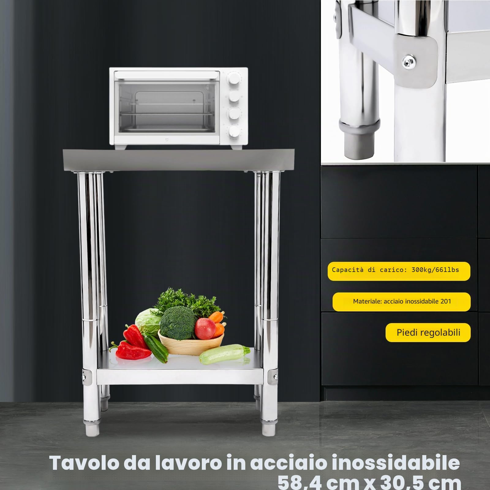 Tavolo da Lavoro in Acciaio Inox a 2 Livelli, Piano da Cucina Con Ripiano Regolabile in Altezza per Preparazione Alimenti (60 x 30 x 85)
