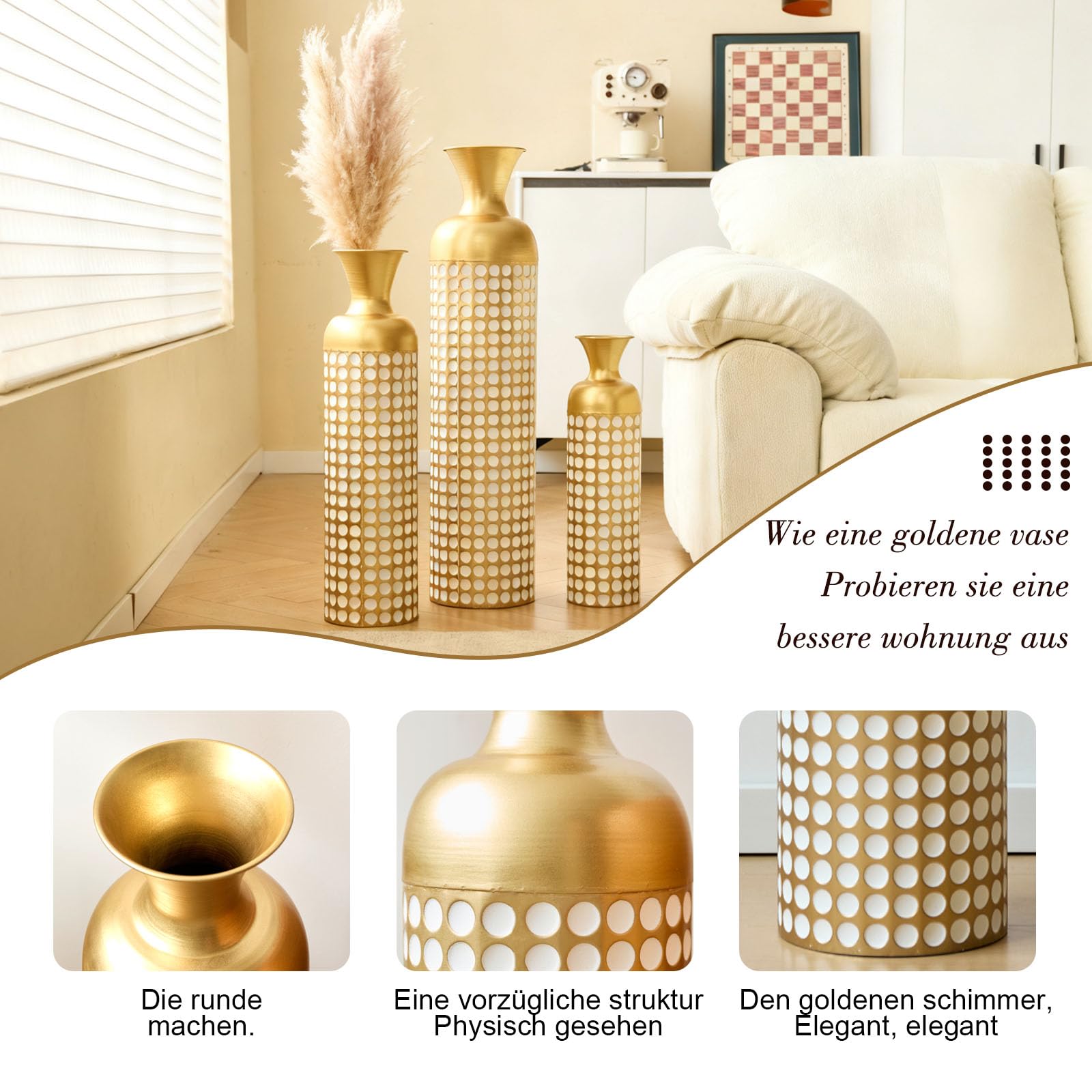 Bodenvase groß 3er Set (50/66/83 cm) - Große Deko Vasen aus Metall, Übertöpfe für Pflanzen als Zimmerdeko für Wohnzimmer & Flur im Vintage Look, Gold mit weißen Punkten