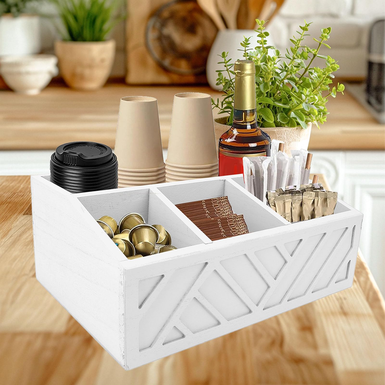 Cocoarm Teebeutel-Organizer aus Holz, Teebeutelhalter mit Geteilter Aufbewahrungsbox für Teebeutel, Kaffeekapseln und Pappbecher, Glatte Oberfläche für die Theke Im Heimbüro (WHITE)