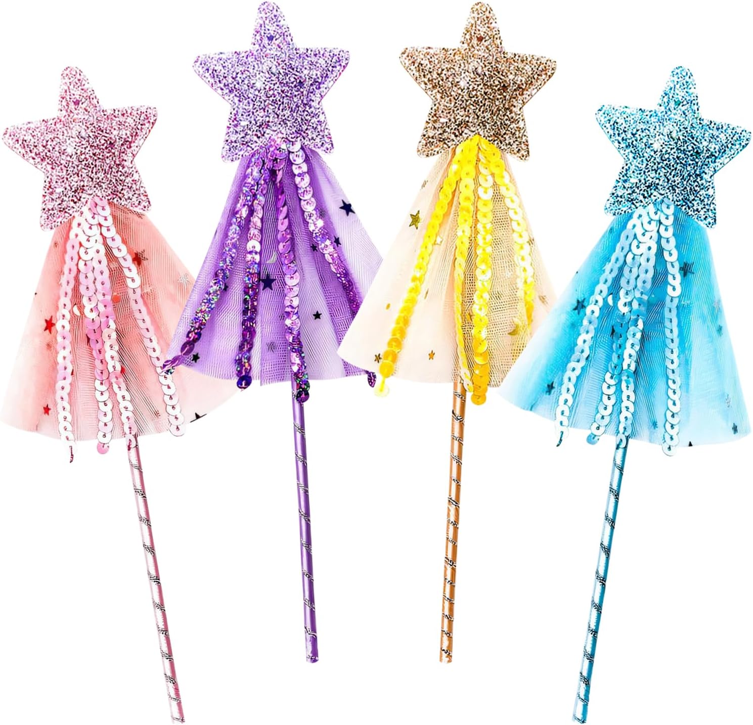 Glitter Fairy Wand - 4Pcs Princess Costume Role Play Props for Little Girls - Angel Star Wand for Birthday, Halloween, Christmas Party