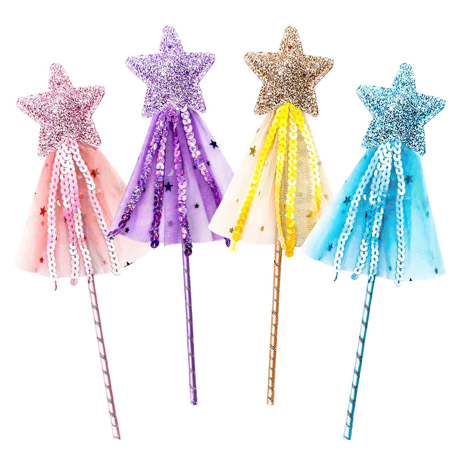 Hraulc 4Pcs Glitter Fairy Wand, Princess Wands for Little Girls, Angel Fairy Star Wand Princess Costume Role Play Props, Magic Dress-up Wands for