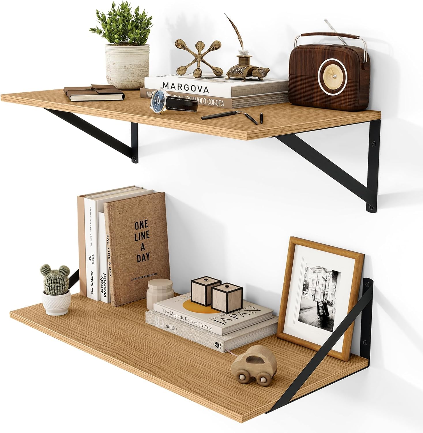 Heimlove Floating Shelves Set of 2, 40cm Oak Wall Mounted Shelves with Metal Brackets, Book Shelf 15cm Deep for Living Room, Bedroom, Kitchen, Bathroom, Home Office & Book Storage