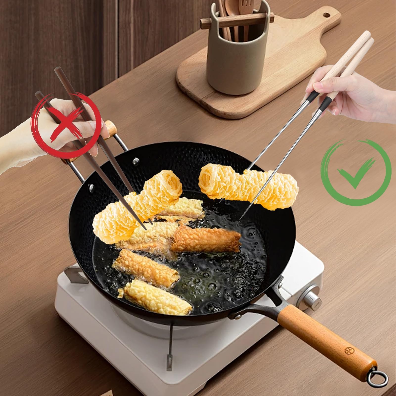 Extra Long Stainless Steel Chopsticks 12.4 Inch, Precision Kitchen Chopsticks Reusable Sushi Tweezers with Non Slip Wooden Handle for Hot Pot Cooking Frying Noodles(L) — Amazon image 7