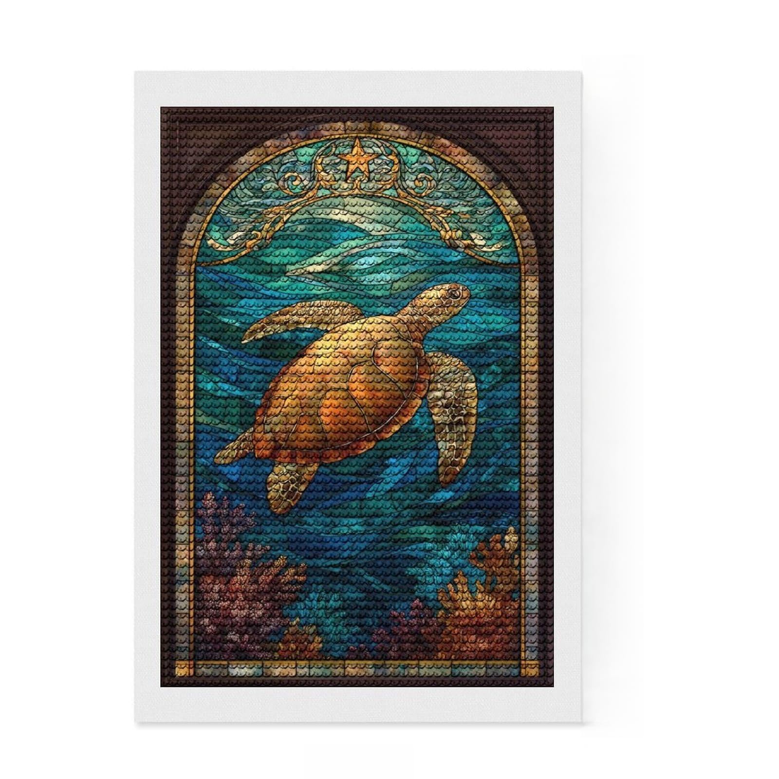 Junmoney Turtle in Stained Glass Diamond Painting Kit 8"x12", Bedroom Decor, Round Gems, Full Kit Included, Relaxing Handmade Project