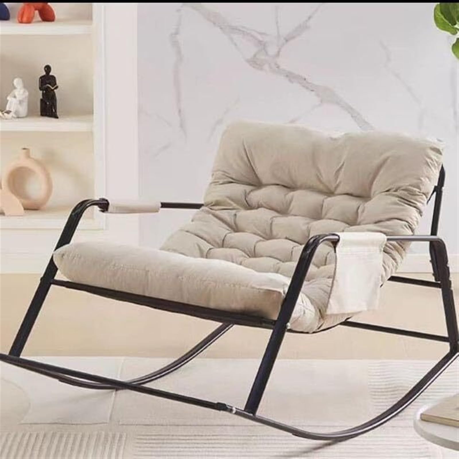 Patio Rocking Chair Oversized Lounge Rocker Chair with Padded Cushion,Outdoor Lazy Chair For Backyard Garden Front Porch,Living Room Indoor Rocking Chair(Beige)