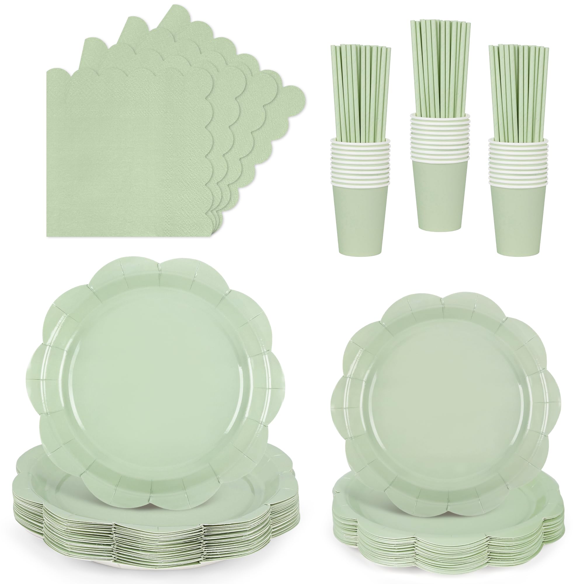 Sage Green Paper Plates and Napkins Set, Sage Green Party Tableware Set Include Scalloped Plate, Cocktail Napkin, Cups, Straws Party Supplies for Baby Shower, Wedding, Birthday Party