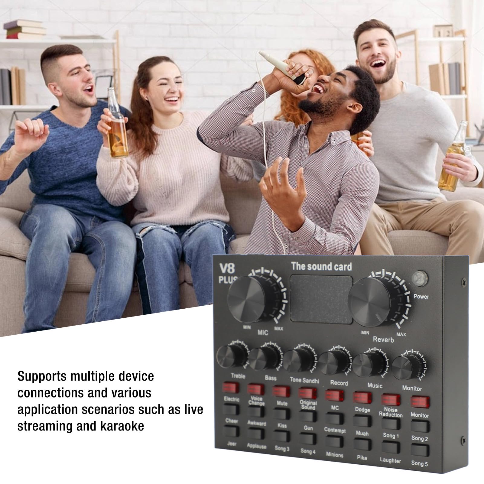 Tarjeta de Sonido en V8-Plus, Tarjeta de Sonido Mezcladora de Podcasts de Grabación de Karaoke Externa USB con Bluetooth 5.0, Micrófono Incorporado, para Grabación de