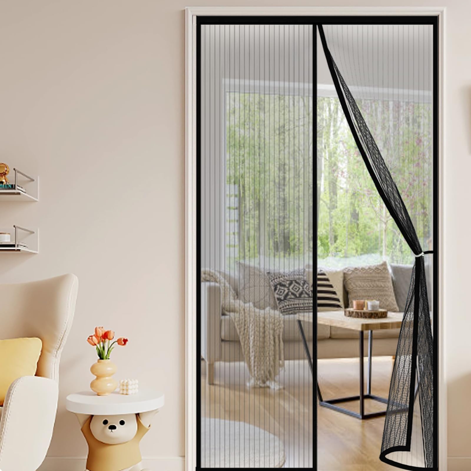 Magnetic Screen Door 128 x 183 cm Keep Bugs Out Lets Fresh Air in Patio Curtain Insect Mesh No Drill Installation Automatically Closes for Keeping Out Flies & Bug, Black