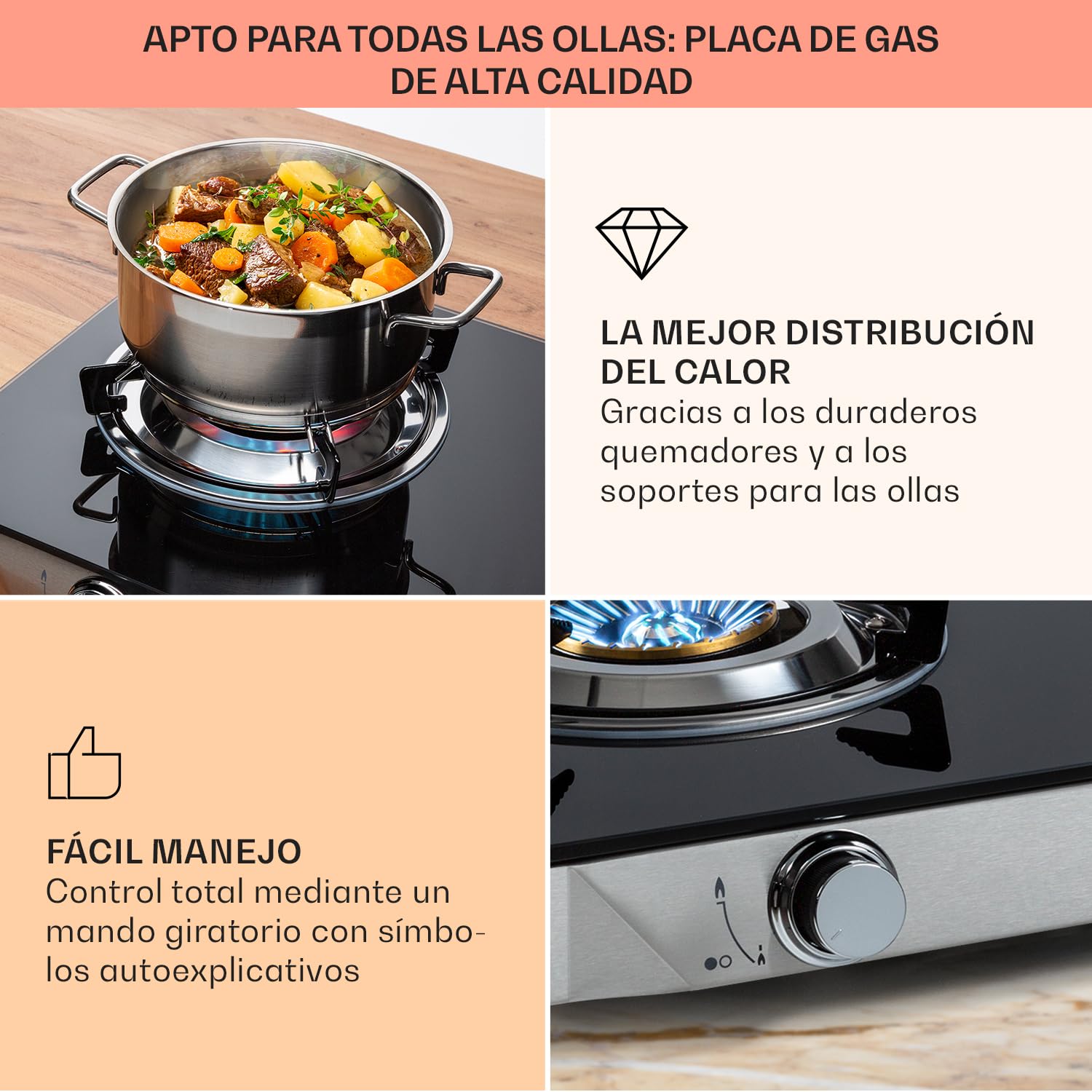 Klarstein Encimera de Gas Portátil Con 2 Quemadores - Placa de 7.7KW Para - Quemador Wok de Acero Inoxidable - Ideal Para Camping