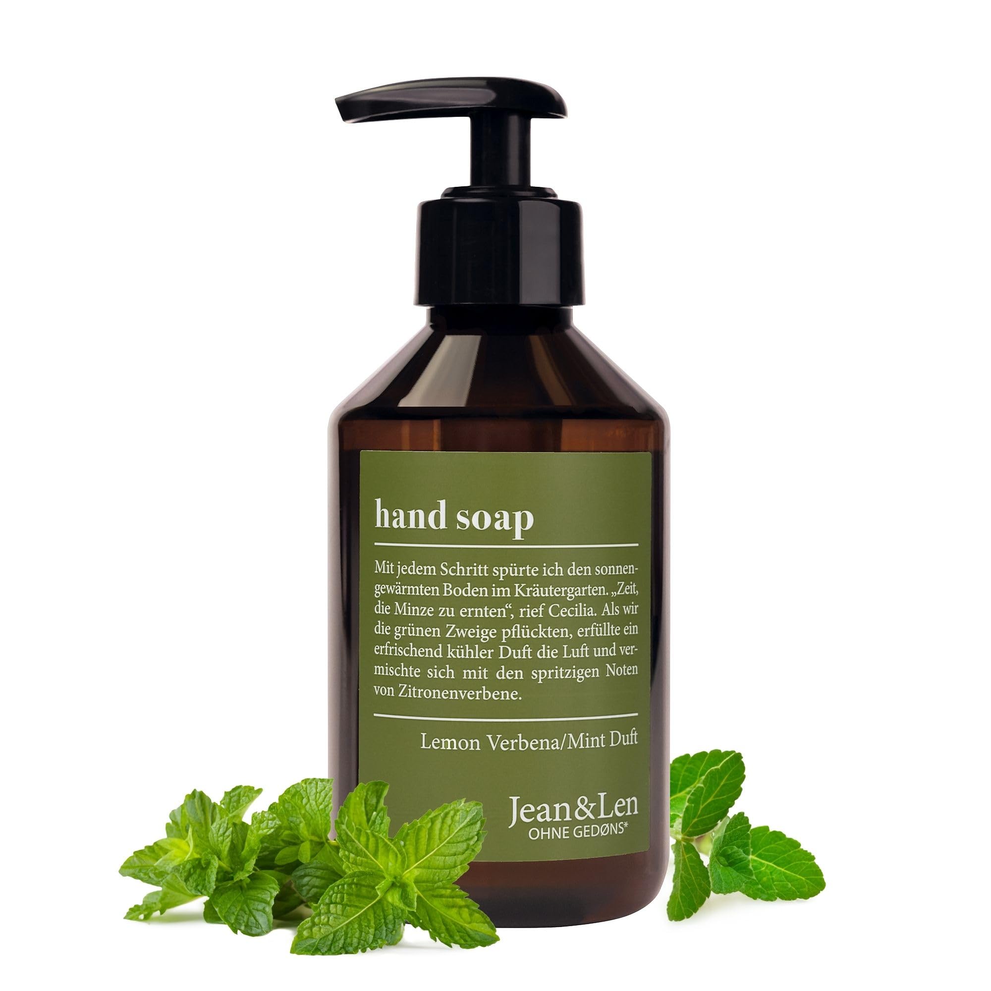 Jean & Len Handseife Lemonverbena & Mint, reinigt beanspruchte Hände, für die tägliche Anwendung geeignet, Flüssigseife im Pumpspender, zitrischer Duft, vegan, 250 ml