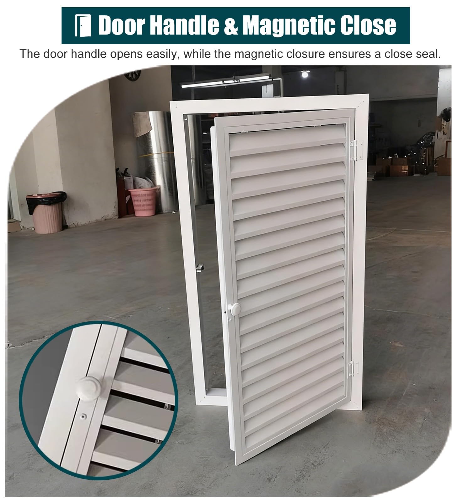 Puerta de acceso con rejillas de ventilación y asa, panel de acceso de cierre magnético, inspección interior/exterior y cubierta de panel eléctrico ventilada