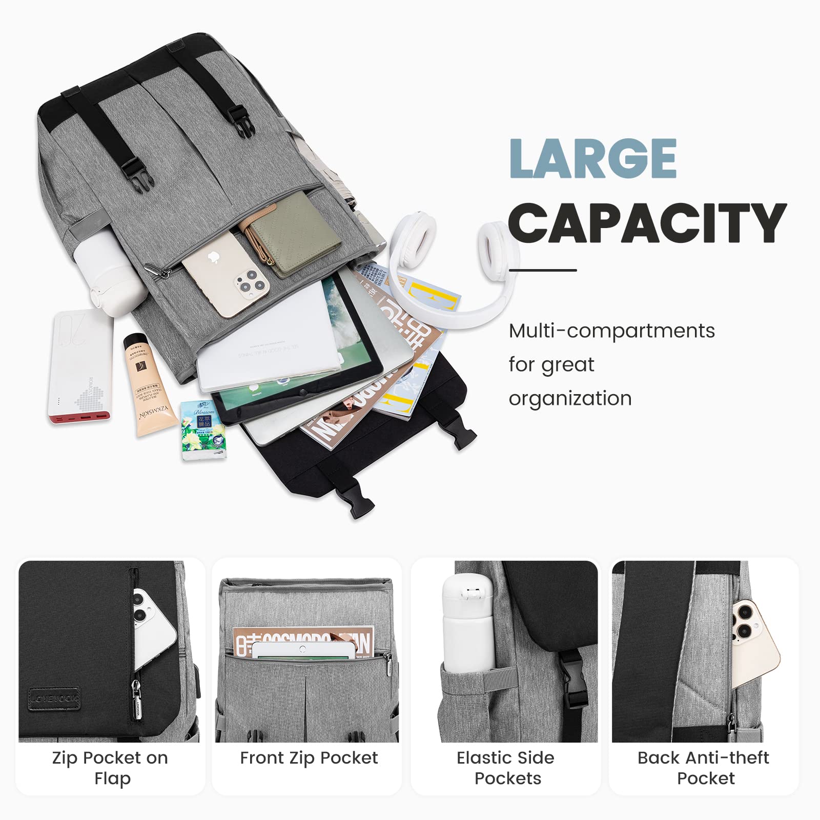 LOVEVOOK Zaino Donna Uomo Borsa Porta PC 15.6 Pollici Zainetto Donna con USB Zaino Scuola Media Superiore Antifurto Zaini Scolastici Impermeabile Laptop Backpack per Università Viaggi Ufficio