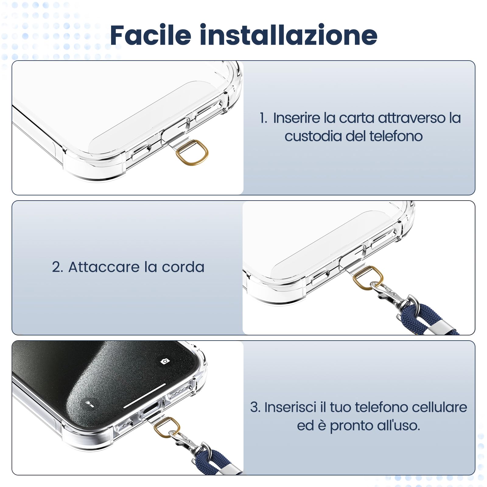caslord Cordino per Cellulare*1, Trasparente Patch Universali*2, Adatto a Tutti Gli Smartphone, Cinturino per Cellulare Abbinabile a Qualsiasi Custodia, Regolabile e Rimovibile - Blu brillante