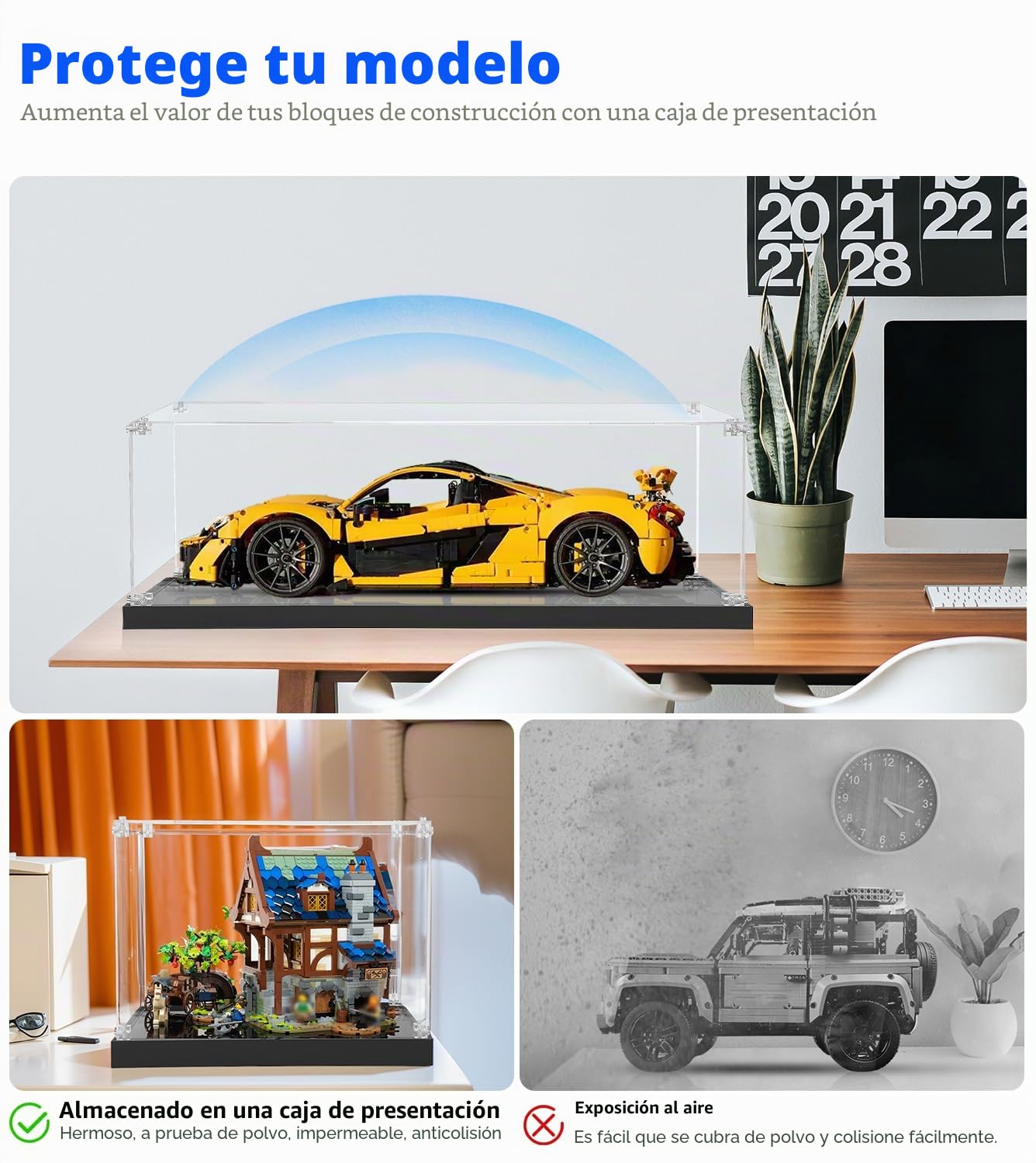 Vitrina acrílica para Lego Technic McLaren P1 42172, almacenamiento y organización a prueba de polvo para modelo Lego, tamaño: 63 x 30 x 19 cm (solo funda de pantalla)