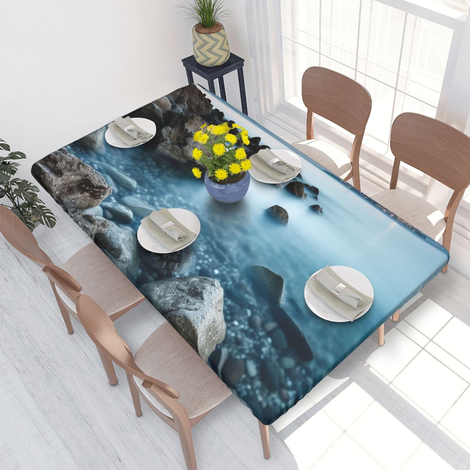 Calm Sea And Rocks Waterproof Square Table Cover Elastic Fitted Tablecloth Oil Proof Table Protector For 4ft Table