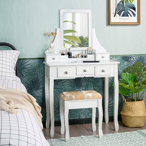 CHARMAID Juego de tocador de maquillaje con espejo y taburete acolchado, tocador con 5 cajones y organizadores de almacenamiento extraíbles, mesa de disponible en Yaxa Costa Rica