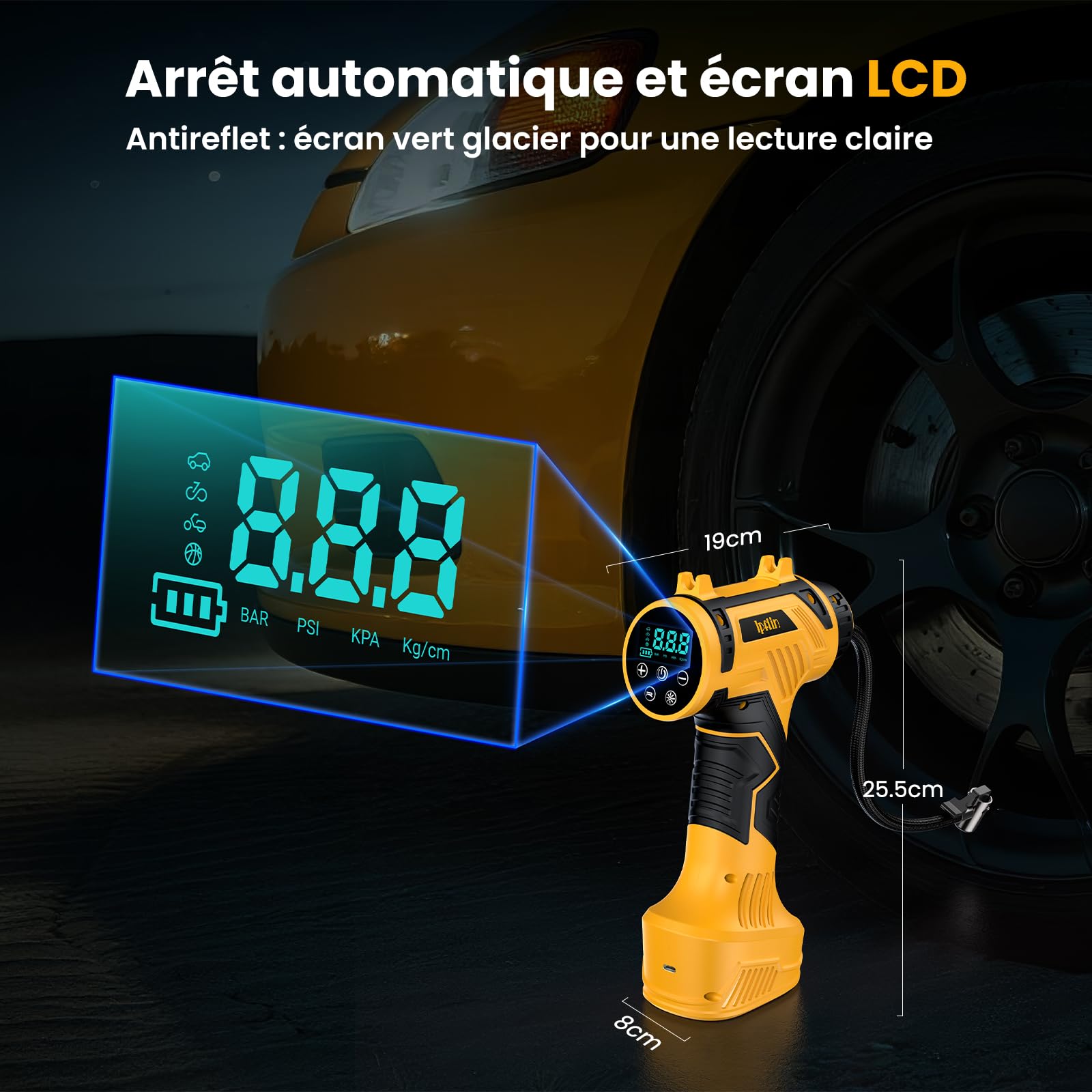 Gonfleur Pneus Voiture Sans Fil – 150PSI 22L/Min Compresseur d‘Air Portatif, Batterie Rechargeable avec Arrêt Auto, Écran LED & 4 Modes:Voiture/Vélo/Moto/Ballon