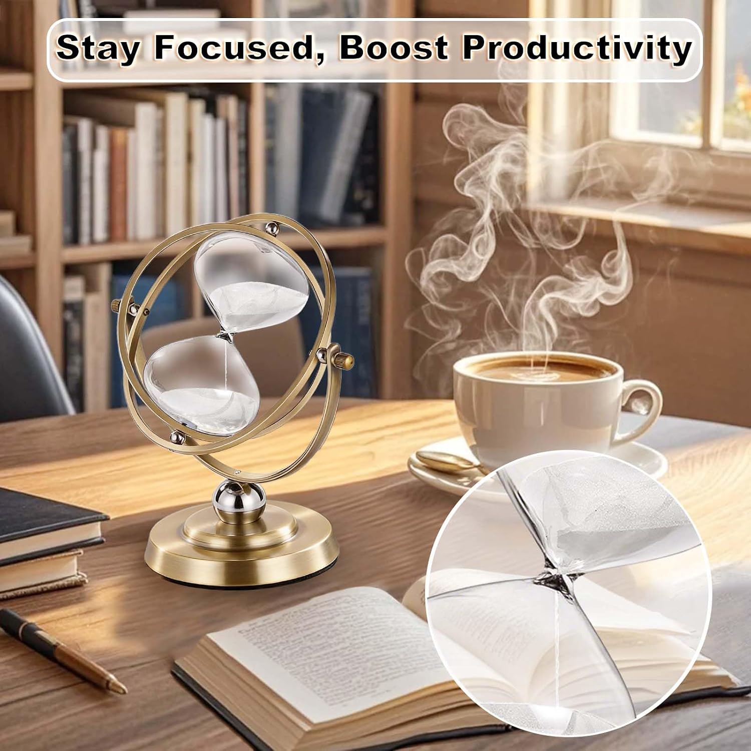 Brass Hourglass 60 Minute, 720° Rotating Vintage Metal Sand Timer, Large White Sand Watch 60 Min, Unique 1 Hour Glass Sand Clock for Gifts, Wedding, Home, Desk, Office Decoration,Adults (White)
