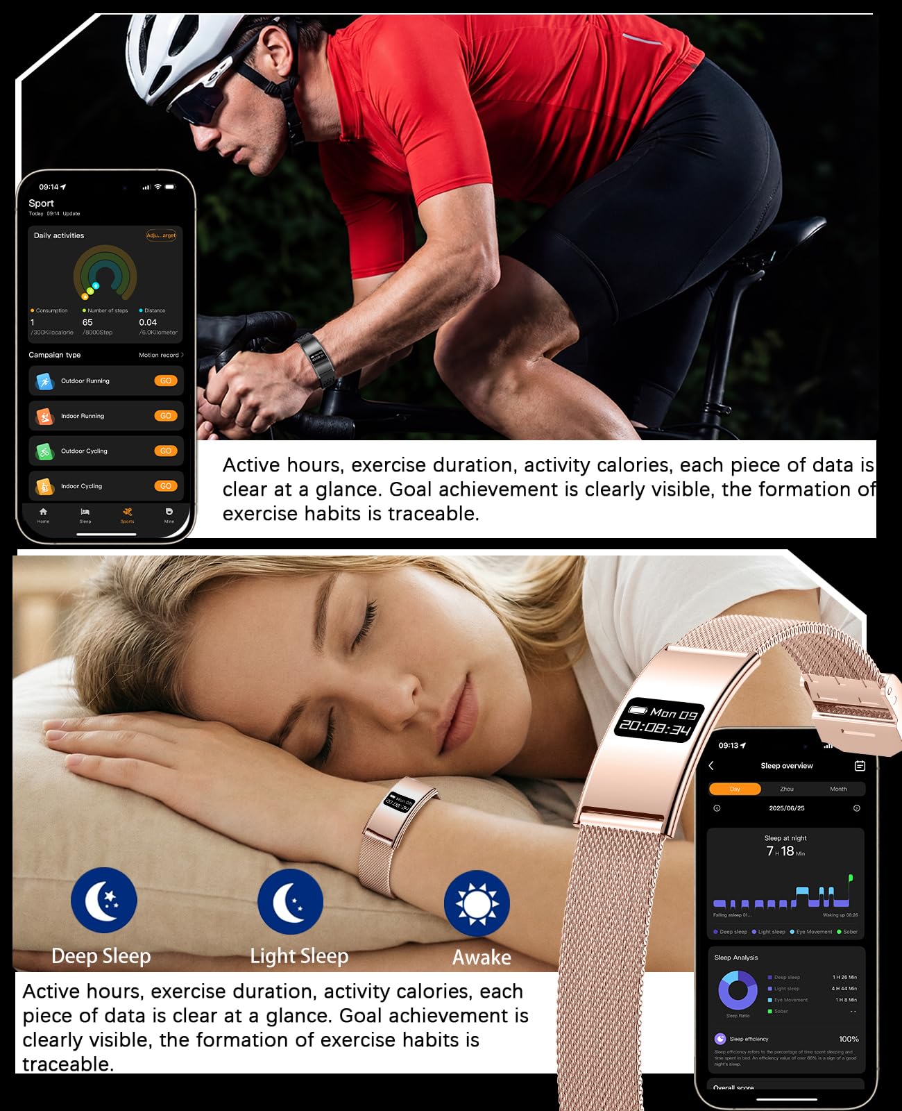 Orologio intelligente per uomini e donne, monitor fitness ultra sottile in acciaio inossidabile con 100 m impermeabile, monitoraggio del sonno della frequenza cardiaca, batteria da 30