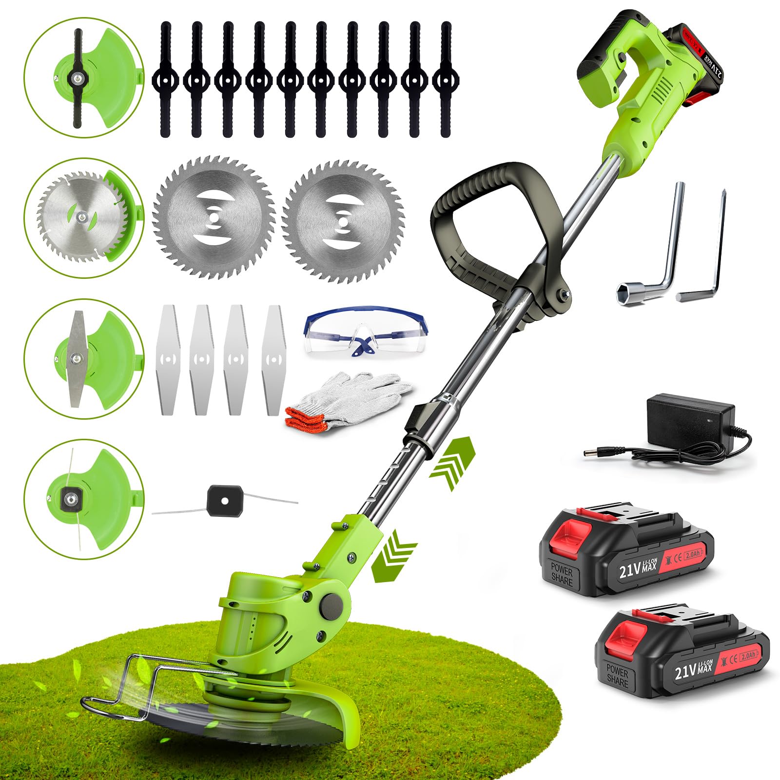 Lithium Electric MowerBattery Operated (21V 2x2.0A Battery Powered), 3-in-1 Weedeaters Cordless Brush Cutter Edger Lawn String Trimmer, with 4 Types Blades, 2 Batteries, 1 Charger