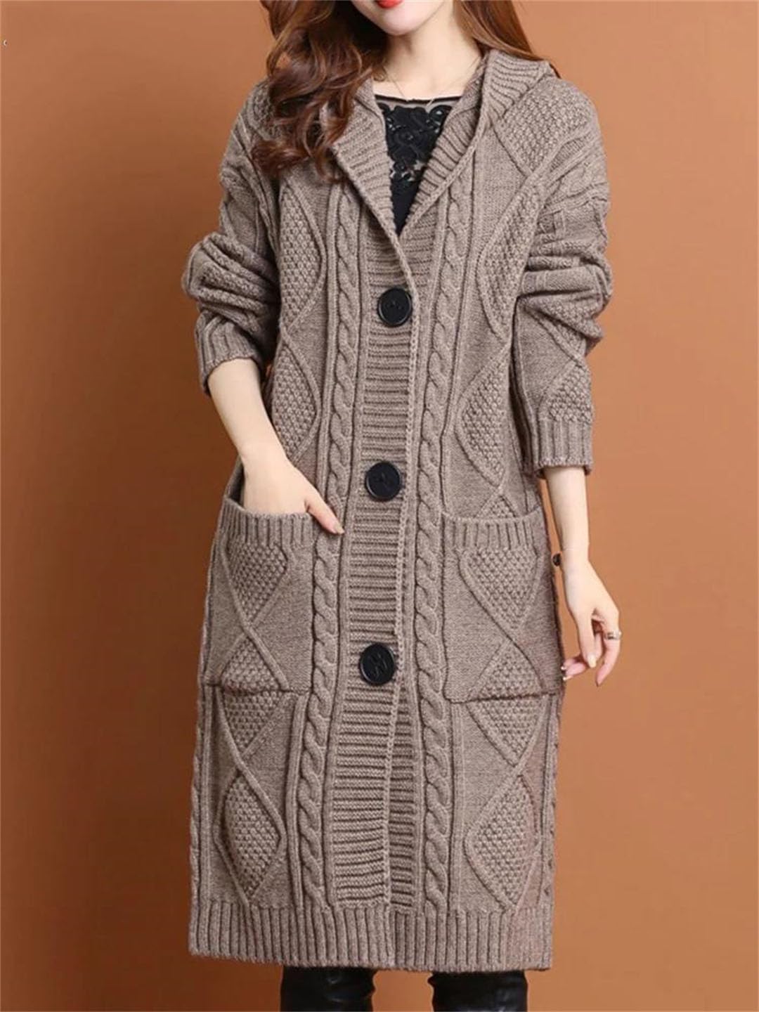 Suéter con capucha para mujer, cárdigan largo para otoño e invierno, suelto, grueso, cálido, de punto de un solo botonadura