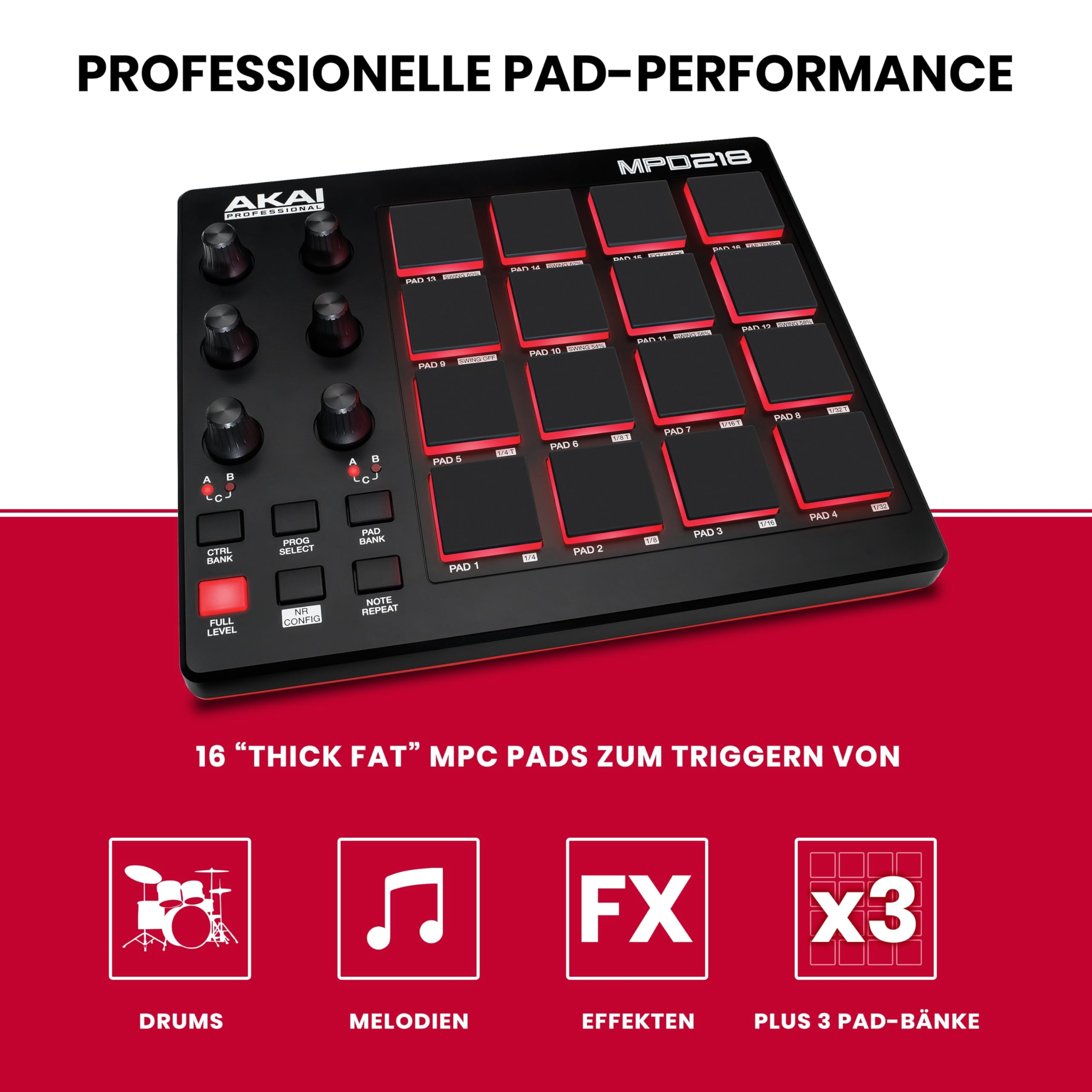 Akai Professional MPD218 - MIDI Pad Controller, Drum Pad Machine, Beat Maker mit 16 Pads, Zuweisbaren Reglern, Produktionssoftware Inklusive