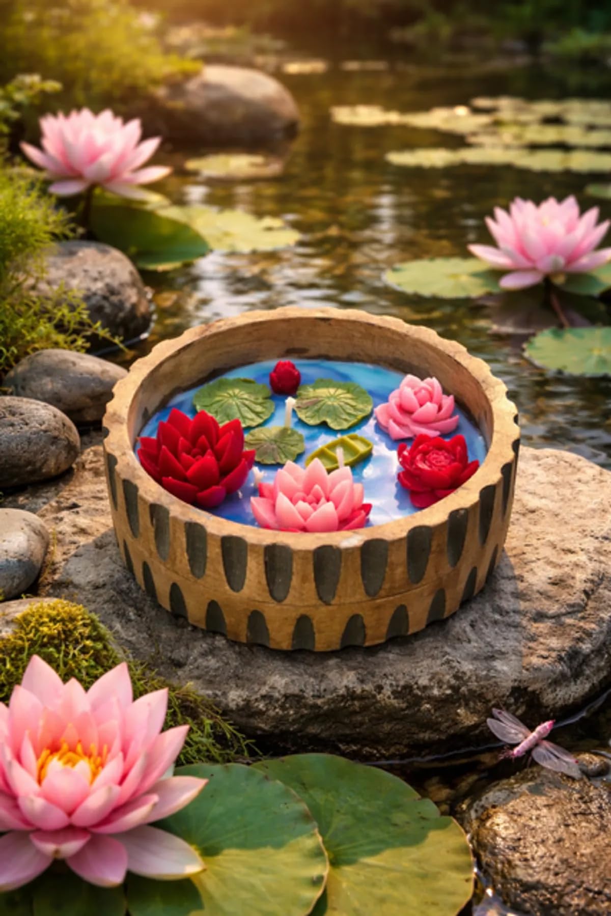 Handcrafted Lotus Pond Soy Wax Candle Bowl with Wooden Floating Flowers & Mini Boat – Luxury Spa Aroma Decorative Candle for Home Décor & Festive Gifting-image-27