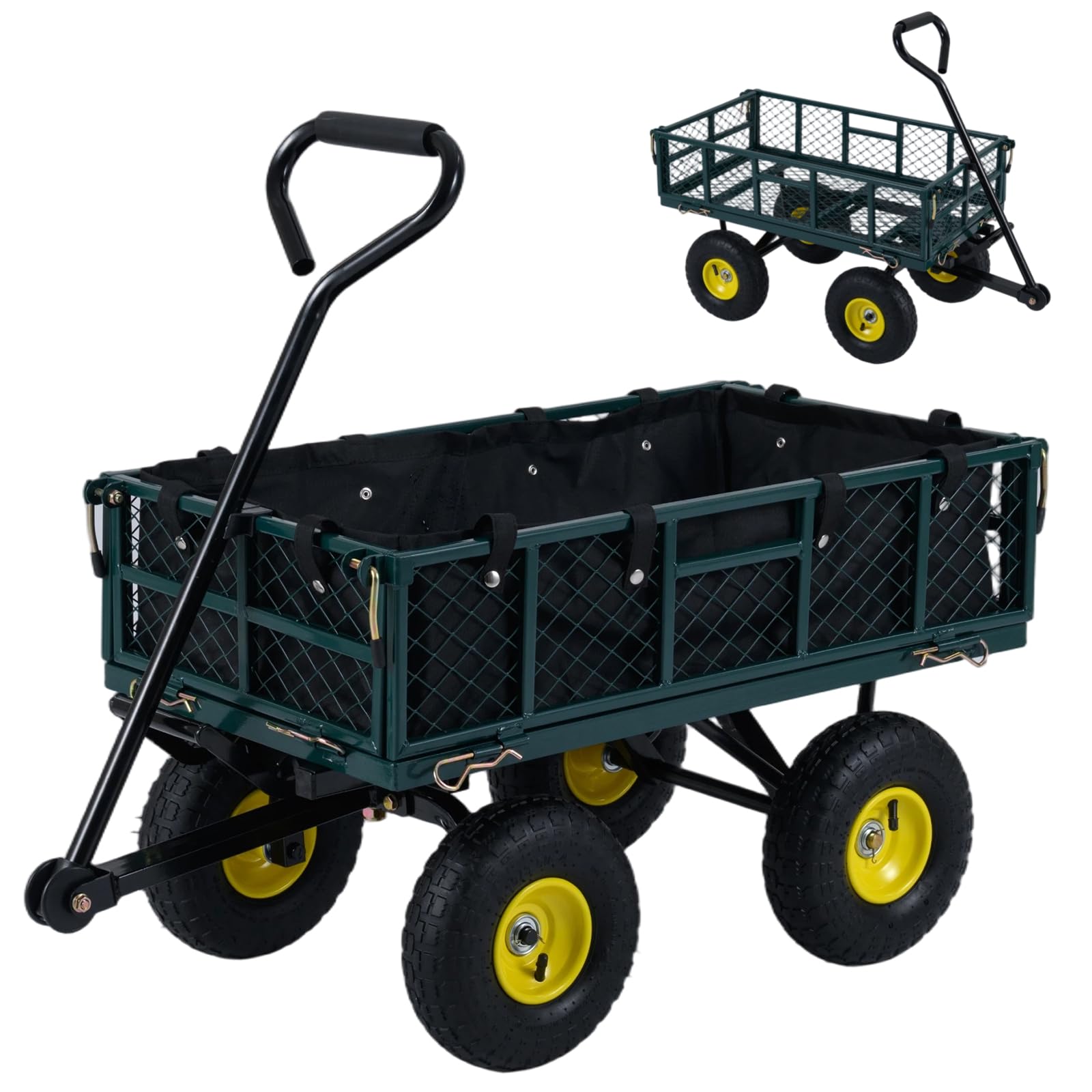 COSTWAY 410kg Garden Cart, 2-in-1 Mesh Hand Truck Wagon with Removable Folding Sides & Storage Bag, 180°Rotatable Adjustable Handle and Pneumatic Tyres, Festival Trolley for Outdoor Camping