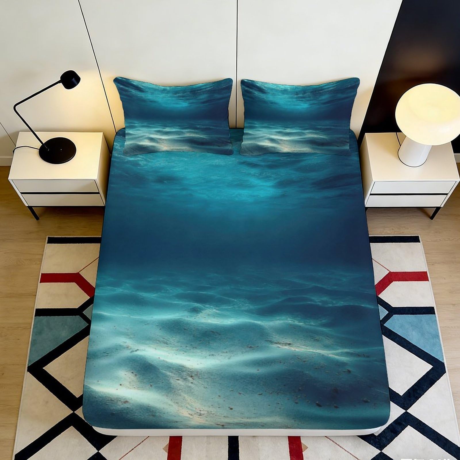 3D Printed Ocean Wave Fitted Sheet Microfiber Soft Durable Sea Water Bed Cover for Bedroom Dormitory Guest Room Mattress Protection Decor 160x200x25cm