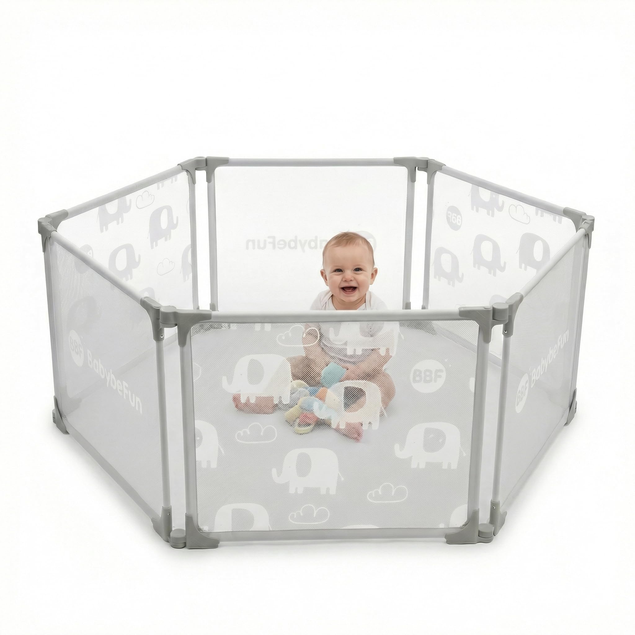 BabybeFun Laufstall Baby – 6-teilig & erweiterbar – Laufgitter Baby aus Stahl mit weicher Stoffummantelung - Laufstall faltbar & vielseitig einsetzbar (6-)
