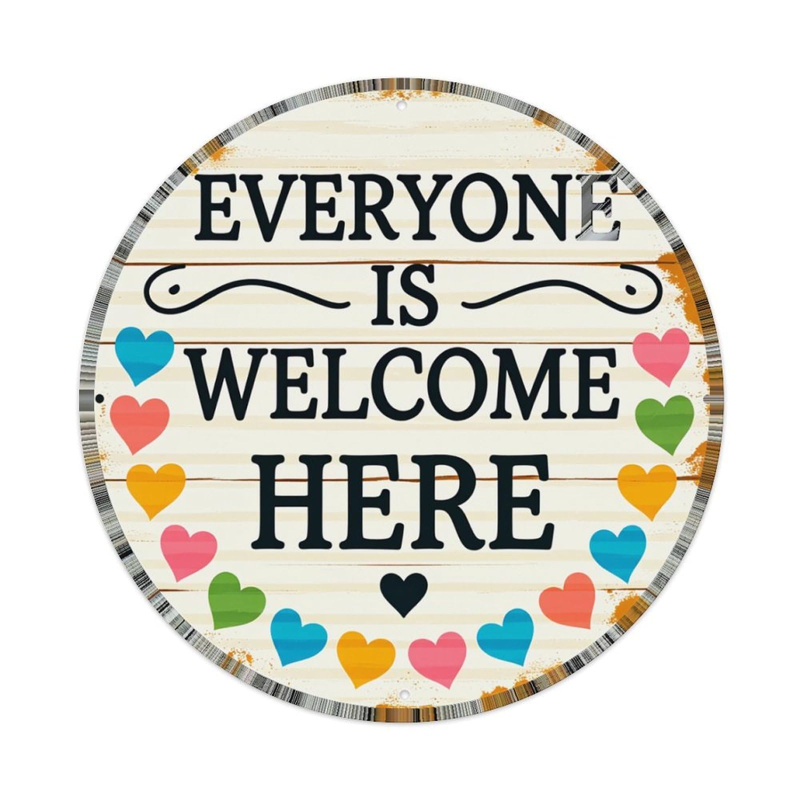 Everyone Is Welcome Here Hearts Round Tin Sign Retro Metal Sign for Cafe Bar Pub Home Game Room Gym Club Wall Decoration Vintage Metal Poster 8x8 Inch