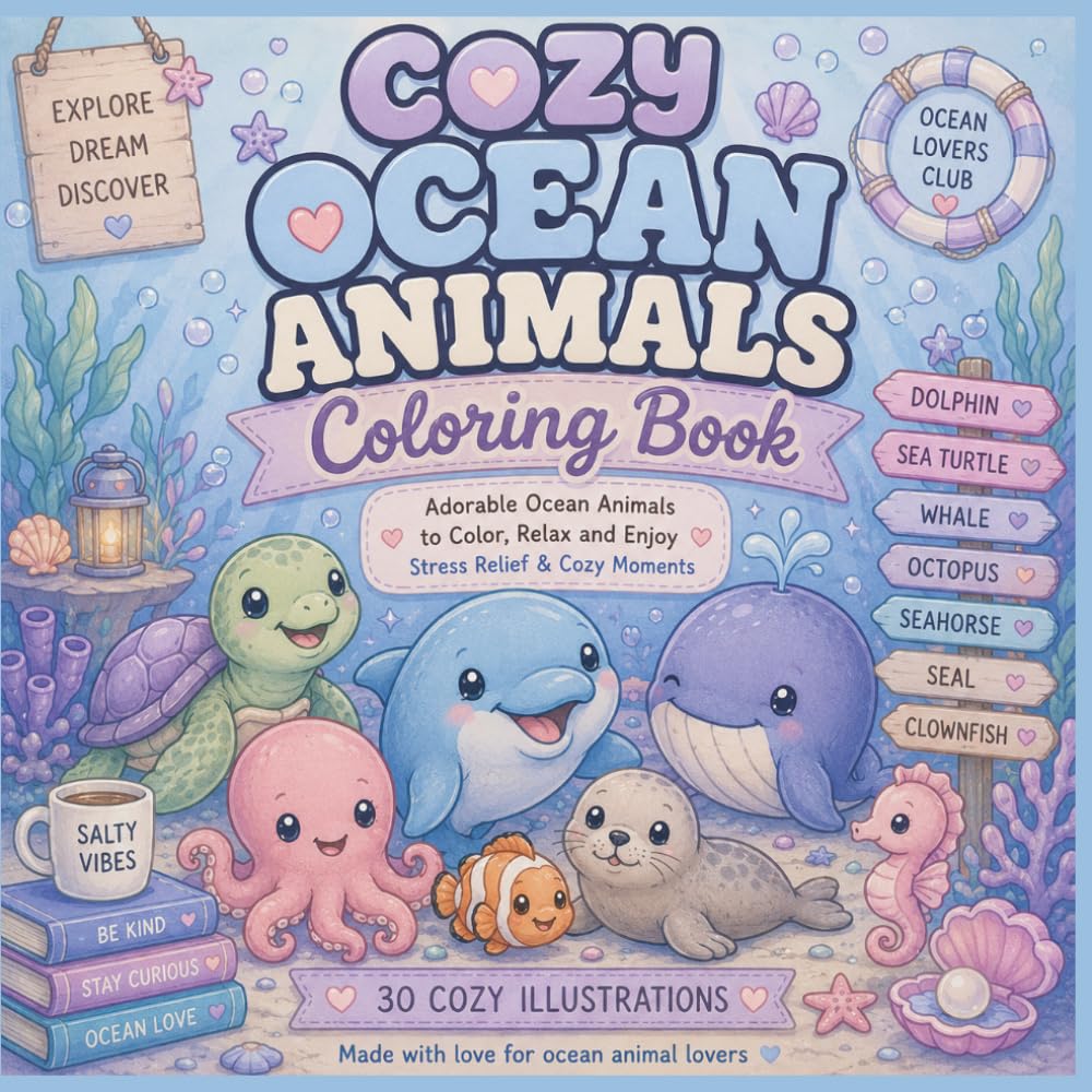 Cozy Ocean Animals Coloring Book: A Cute and Relaxing Coloring Book Featuring Adorable Sea Creatures, Marine Life, and Underwater Cozy Scenes