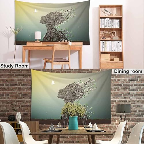 Miniatura 3 de Pznen Tapiz abstracto de retrato de mujer de 80 x 60 pulgadas, silueta de mujer, paloma, primavera, flores blancas, paloma, vibrante brote de árbol,