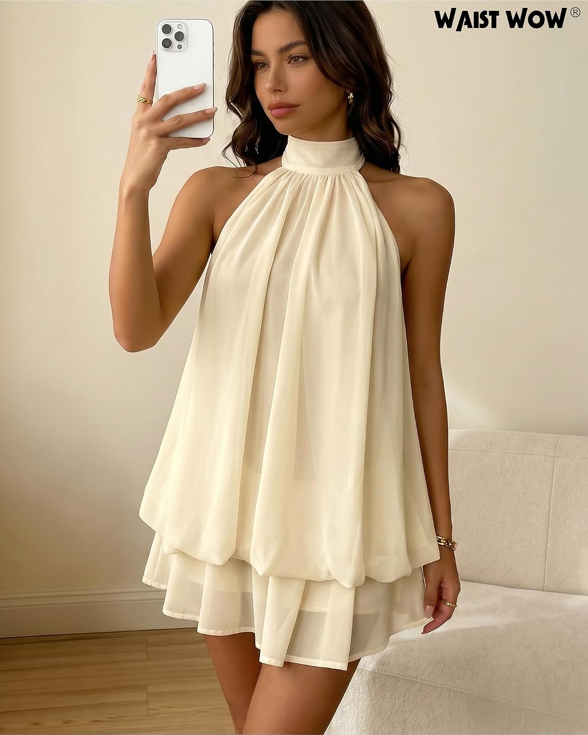 Halter Dress for Women Chiffon Drop Waist Wedding Guest Dresses Flowy Ruffle Mini Dress Brunch Going Out Dresses Cute Dresss image 3