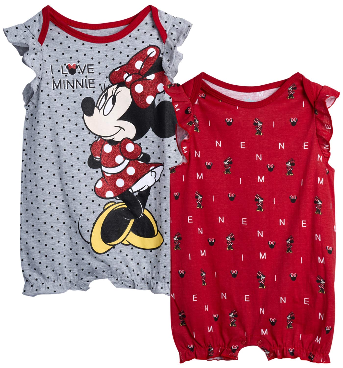 Disney Baby Girls Romper 2 Pack: Minnie Mouse Ruffle Sleeve Romper (Newborn/Infant), Size 0-3 Months, Red/Black/White Polka-Dot Minnie