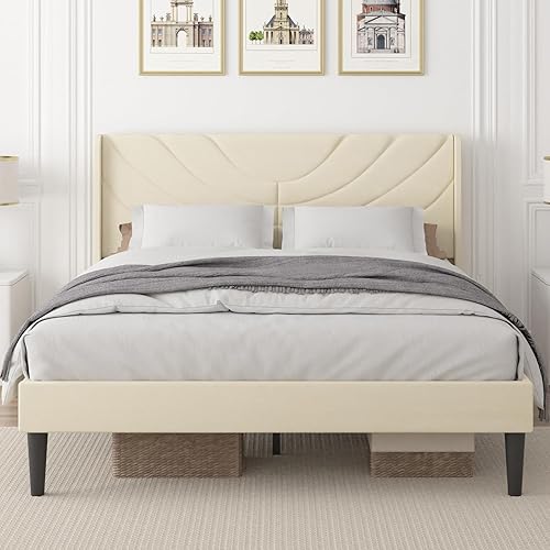 VECELO Base de cama tamaño matrimonial tapizada con cabecera de tela, soporte de listones de madera, no necesita somier, base de colchón, color beige