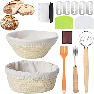 Sourdough Starter Kit,Sourdough Bread Baking Supplies with 9.8'' Round and 9'' Oval Banneton Bread Proofing Basket,Dough W...