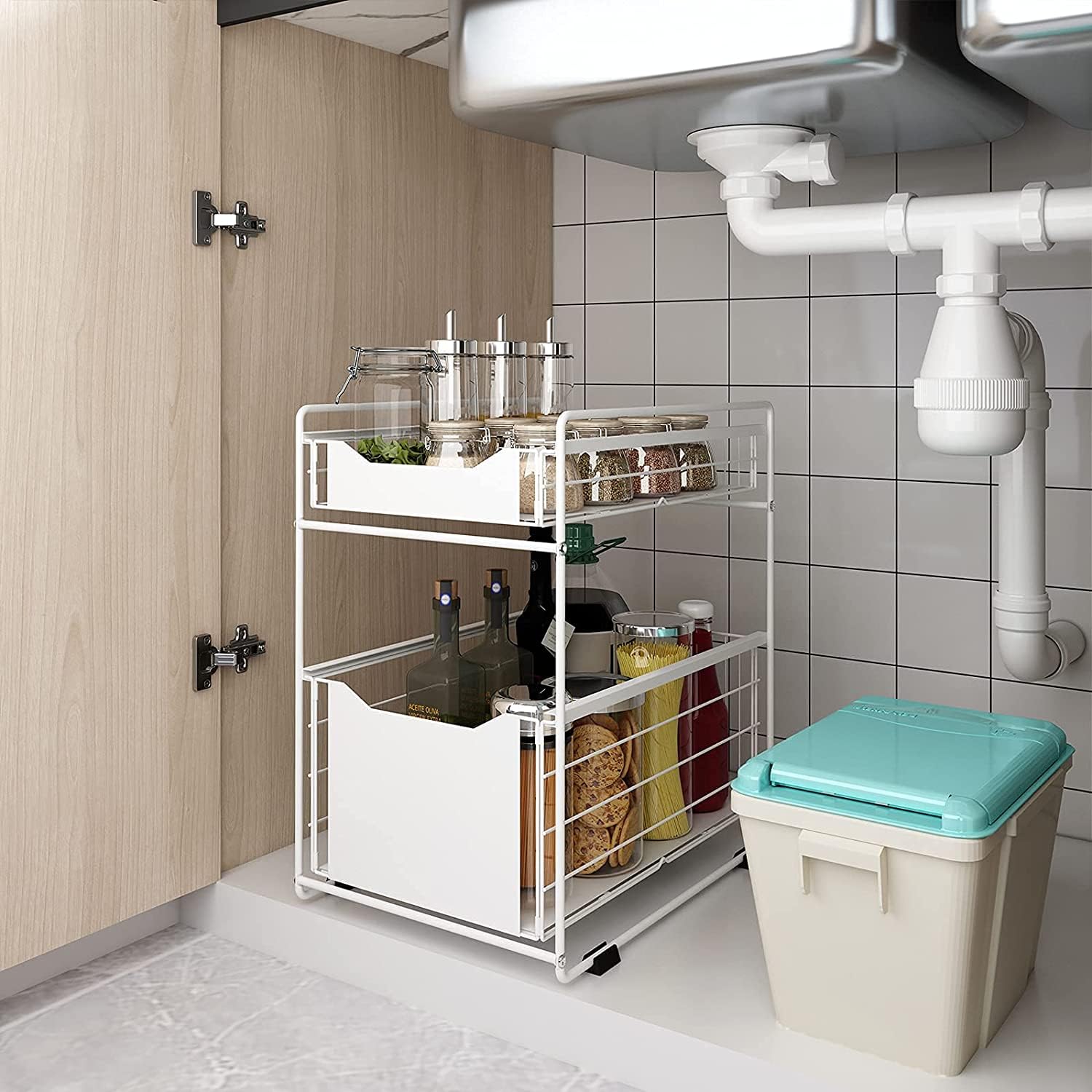 Organizador Debajo del Fregadero, Almacenaje Bajo Fregadero 2 Niveles, Estantería para Debajo del Armario, Estantes Multifunción Acero Inoxidable, Organizador para Cocina (Blanco)