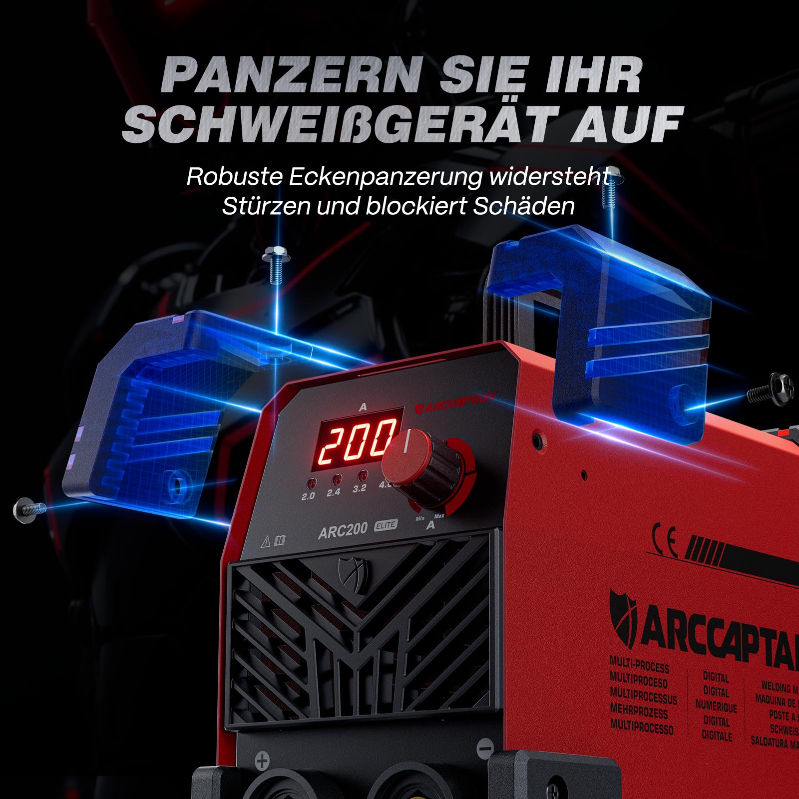 ARCCAPTAIN ARC200 Elektroden Schweißgerät, 200A IGBT DC MMA Inverter-Schweißgerät mit robustem Eckschutz, Heißstart, Anti-Stick, Arc-force
