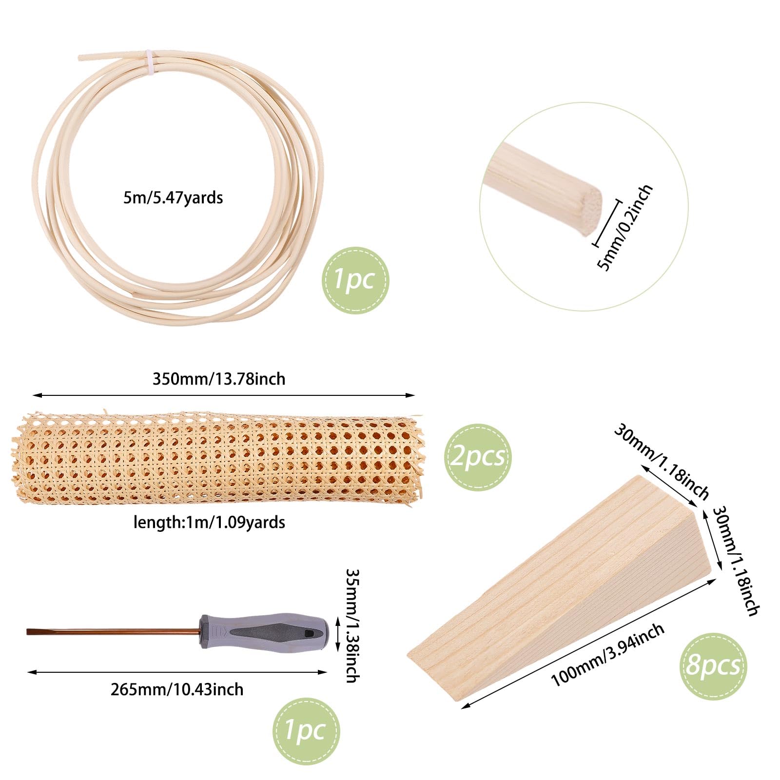 FREEBLOSS 11-teiliges Reparaturmaterial-Set aus natürlichem Rattan, inklusive 5 m langem Rattanrohr, 2 Rattan-Gurtbandrollen, 8 Holzkeile für Möbel, Heimwerkerbedarf