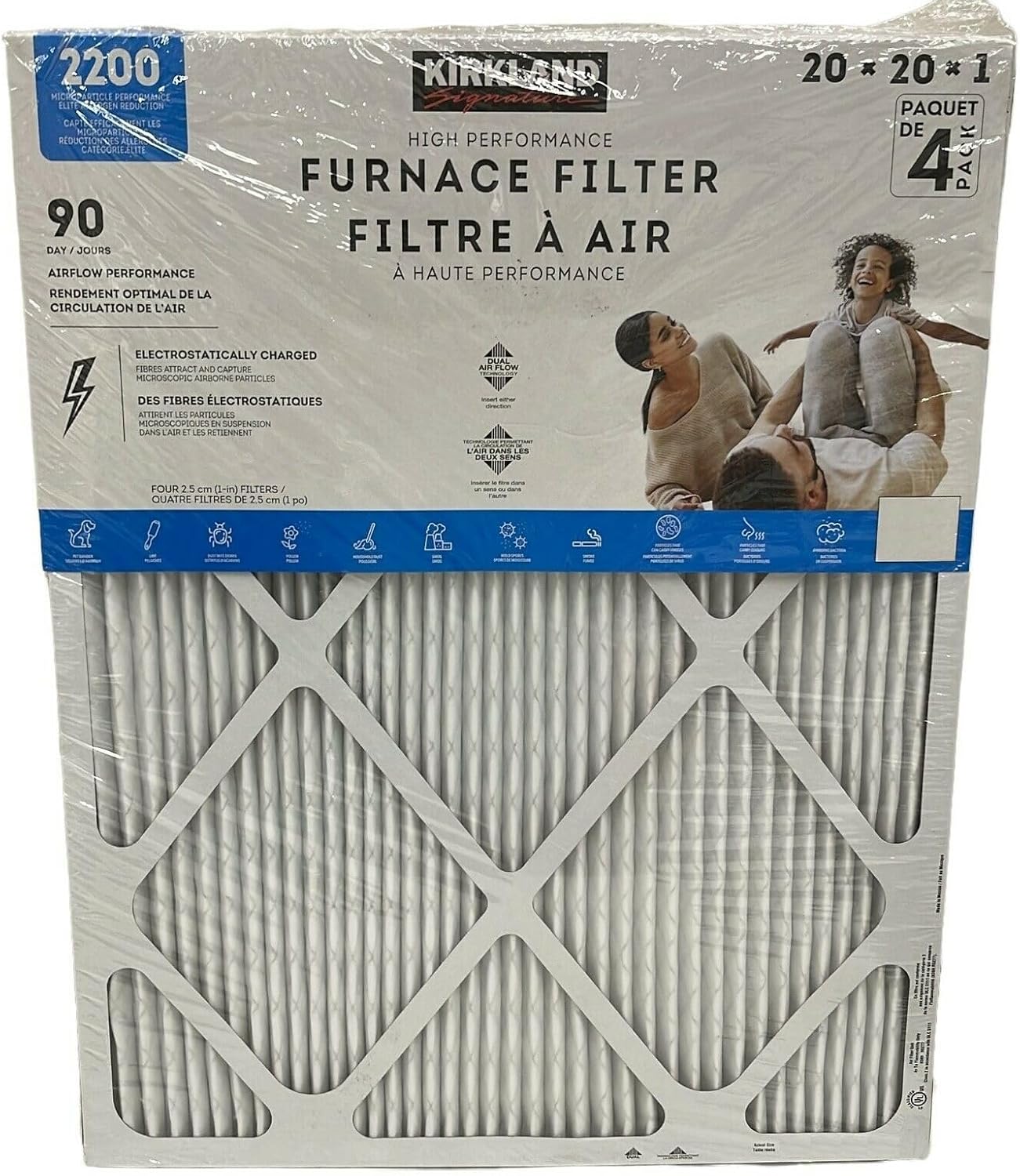 Kirkland Signature 2200 High Performance Furnace Air Filter, 20x20x1 (Pack of 4)