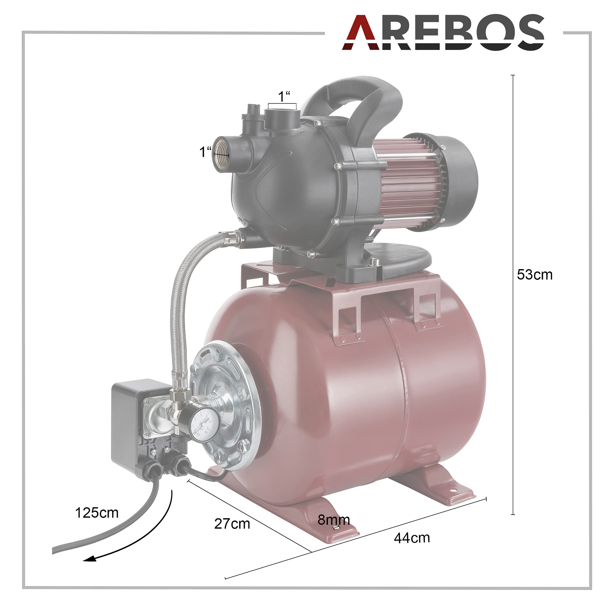 Arebos - Acqua domestica | 1000 Watt | portata 3500 l-h | altezza 44 metri | serbatoio da 19 l | certificazione GS