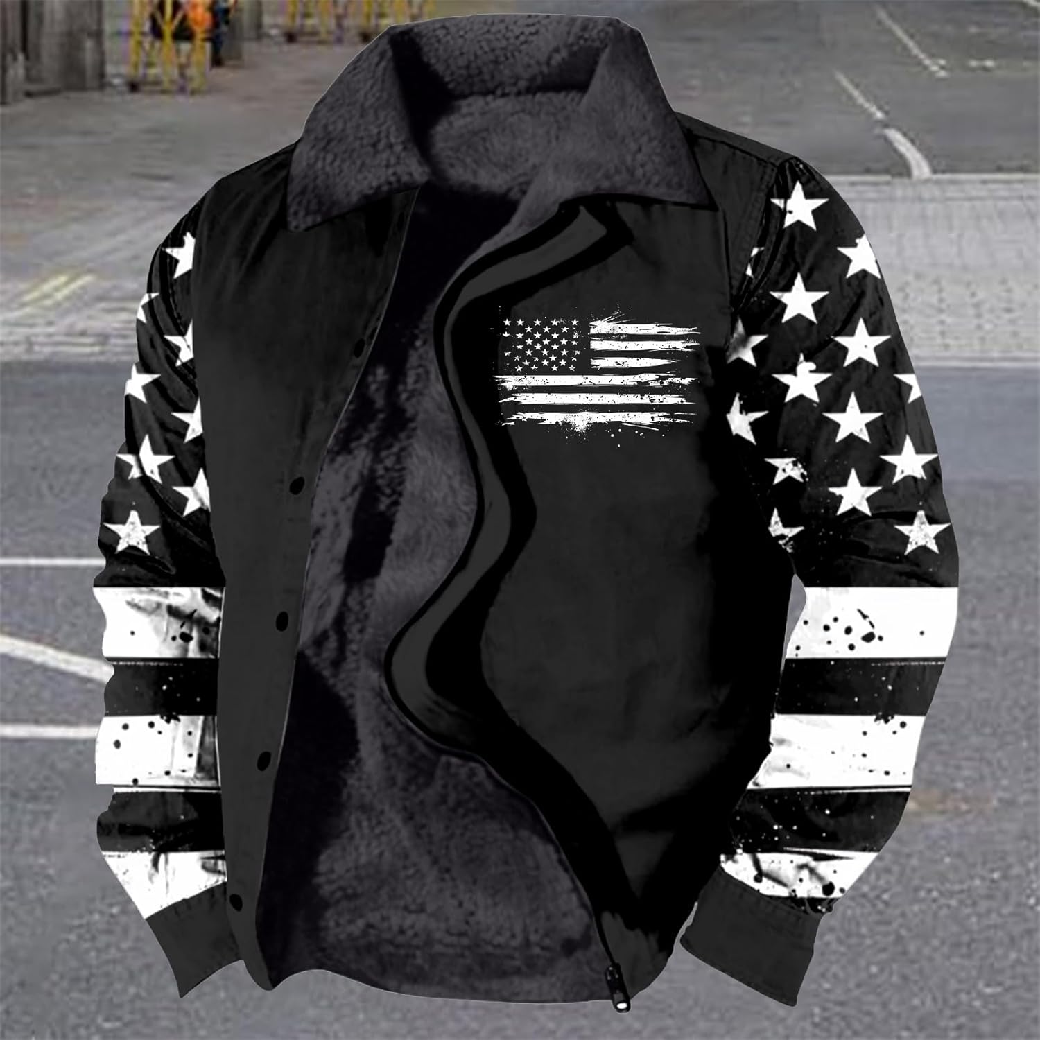 domirica Trucker Jacket for Men American Flag Patriotic Full Zip Fleece Sherpa Novelty Heavyweight Big And Tall Jackets