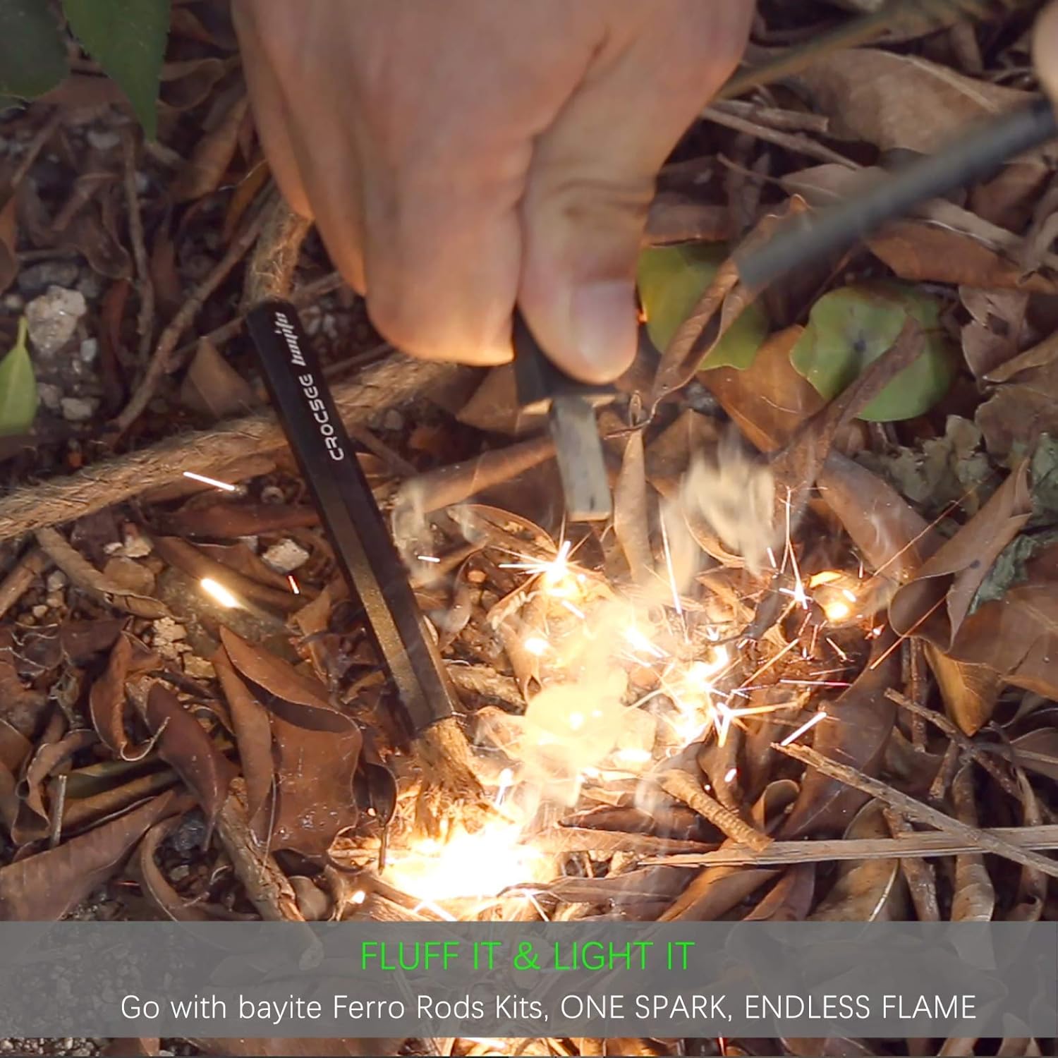 bayite 4 Inch Survival Flint Fire Starter Ferro Rod Kit with Striker, CrocSee Pack of (6) Survival Wick Hemp Cords Tinder